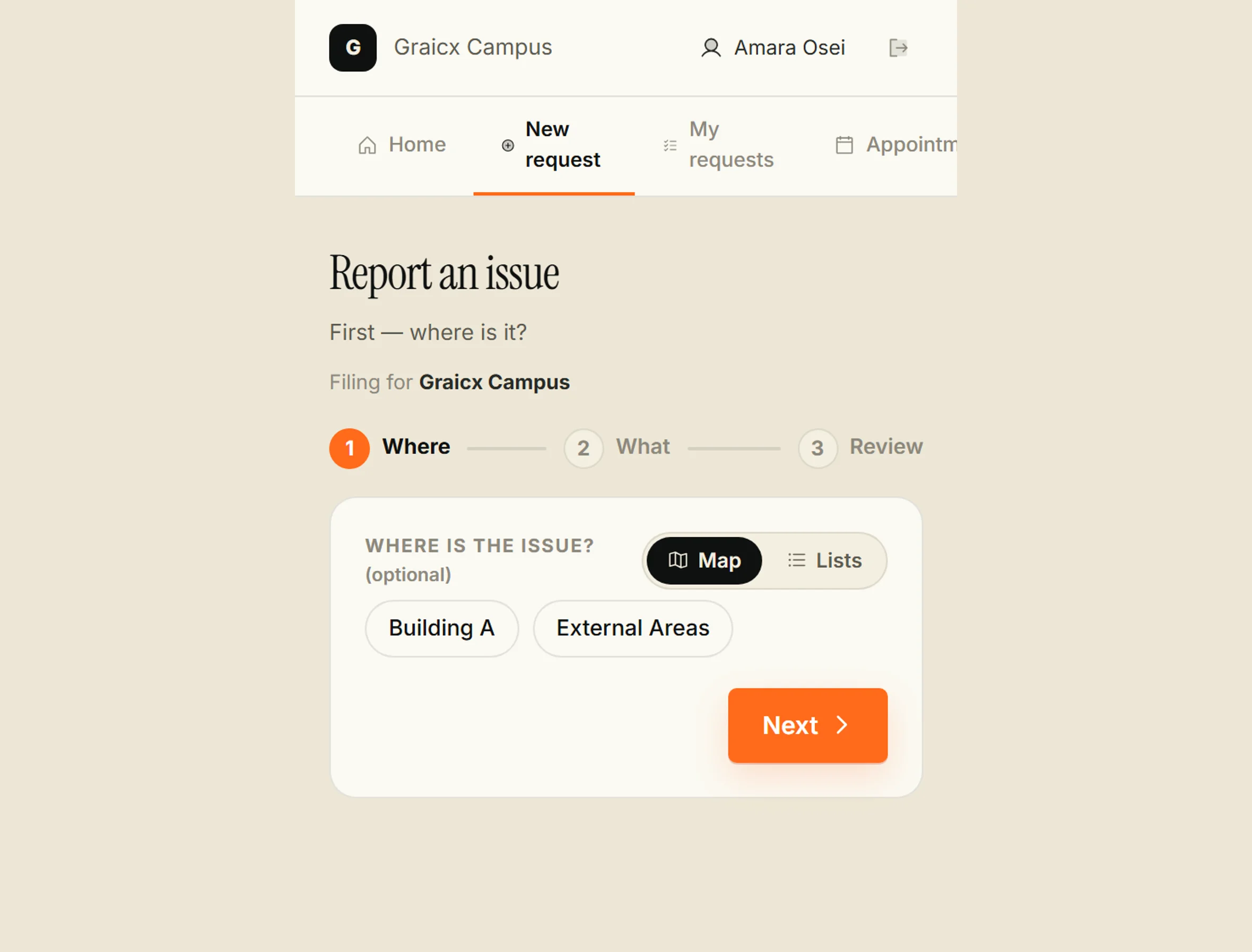 The occupant portal on a phone: “Report an issue”, with the where–what–review steps and the building picker.
