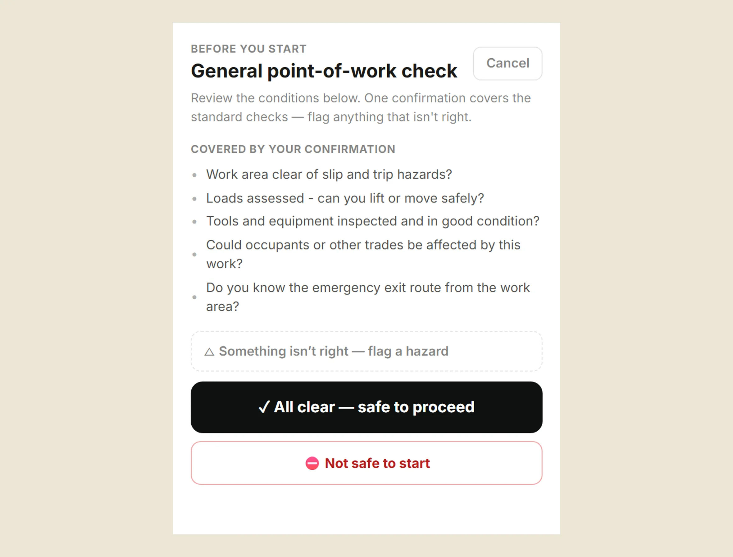 The point-of-work check on a technician's phone: standard checks, a flag-a-hazard option, and safe-to-proceed or not-safe-to-start decisions.