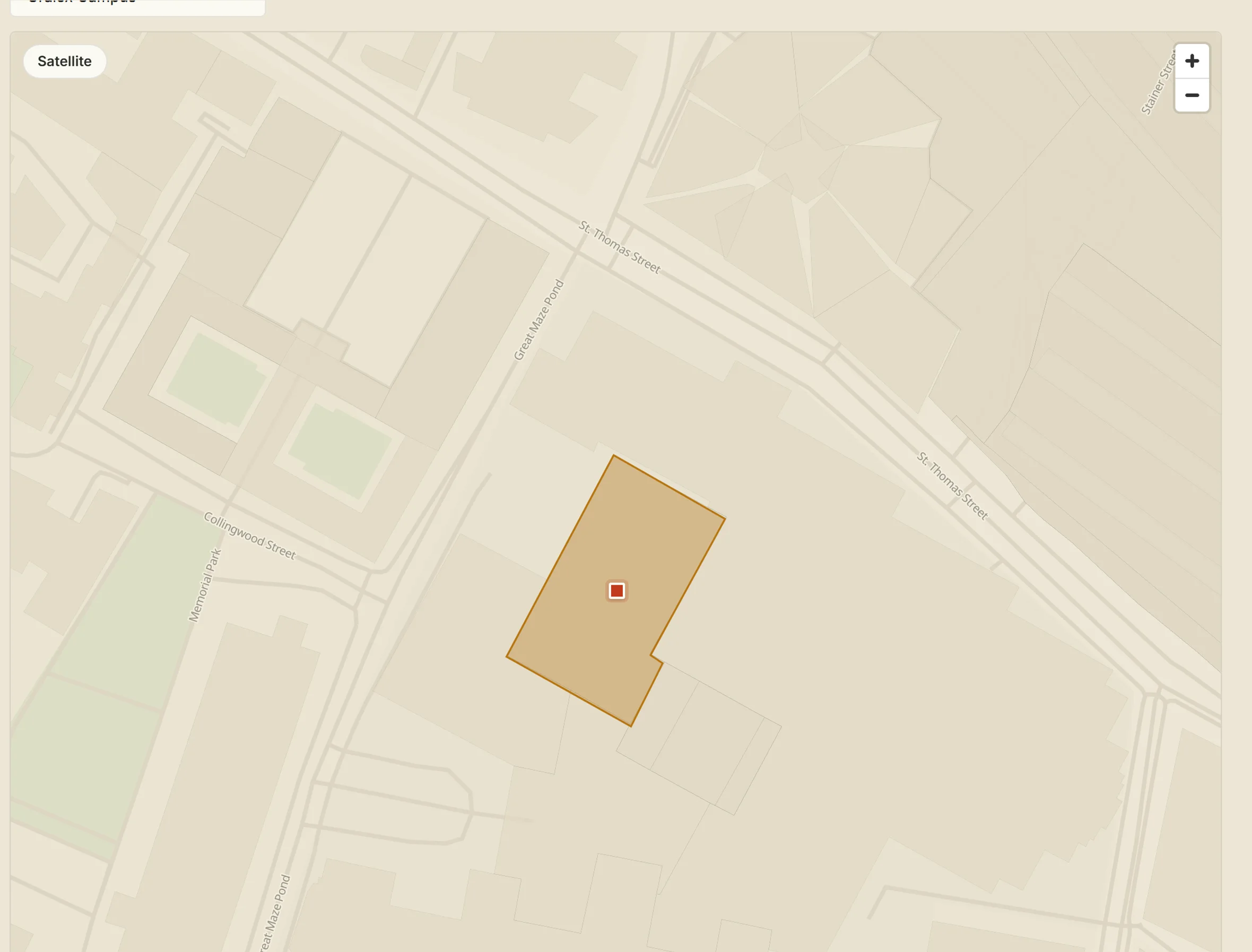 The live site map with a building footprint tinted by its live status.